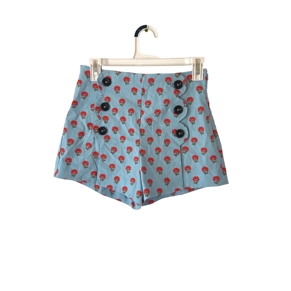 Maeve Anthropologie Blue Red Floral Scalloped Sailor Shorts High Rise Size 2
